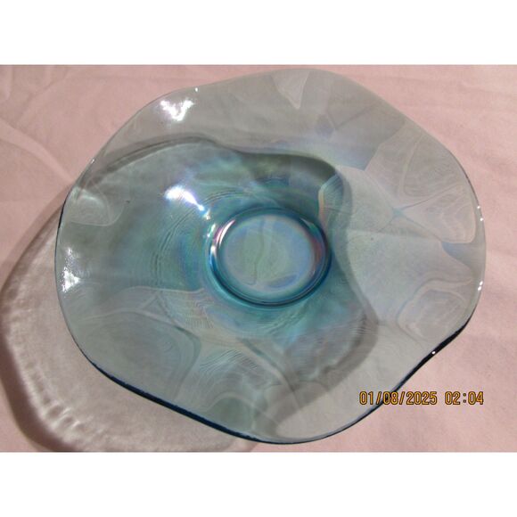 Blue iridescent glass dish saucer trinket dish ruffled edge 6" - Picture 2 of 5
